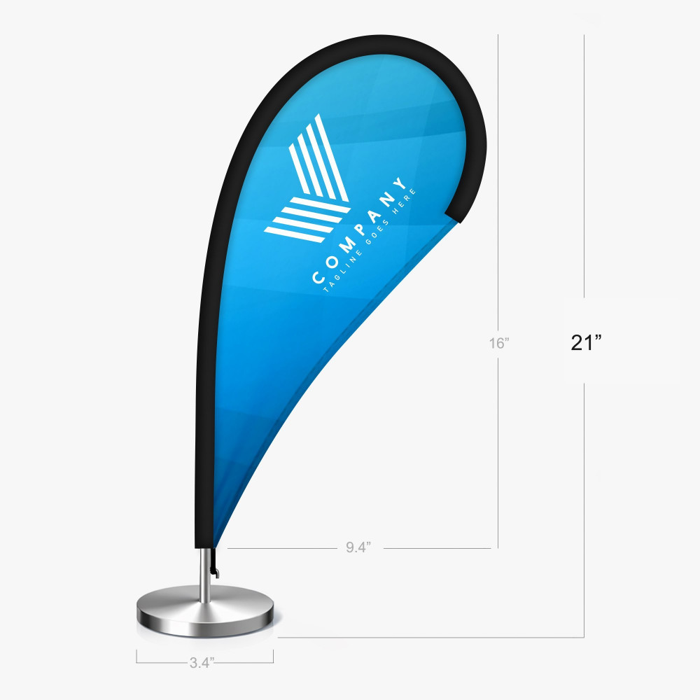 Desktop teardrop flag with compact base