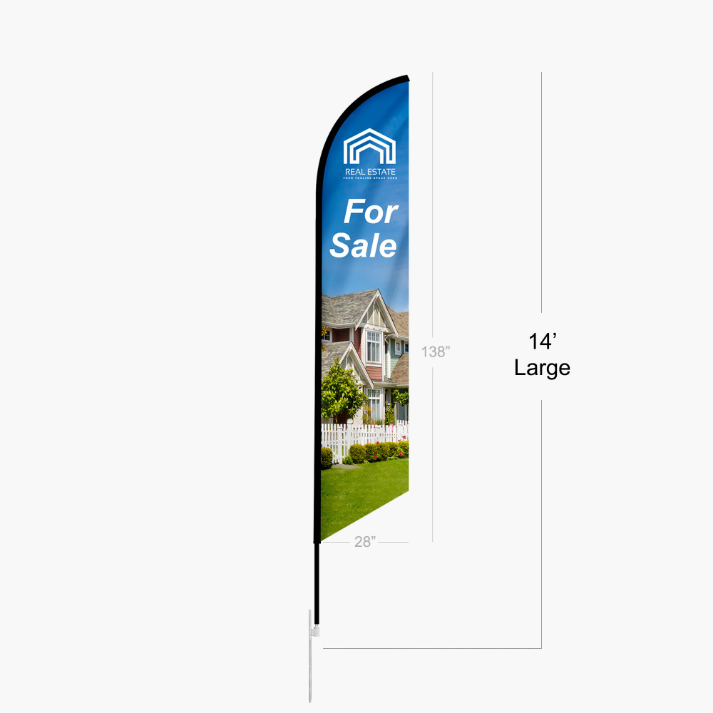 Feather angled flag with a full-color promotional graphic