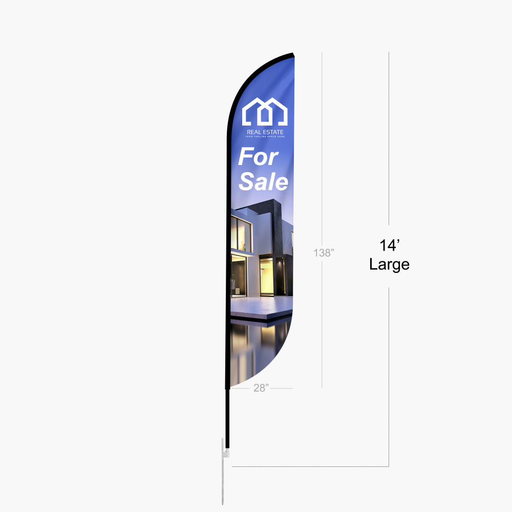 Feather convex flag with a full-color promotional graphic