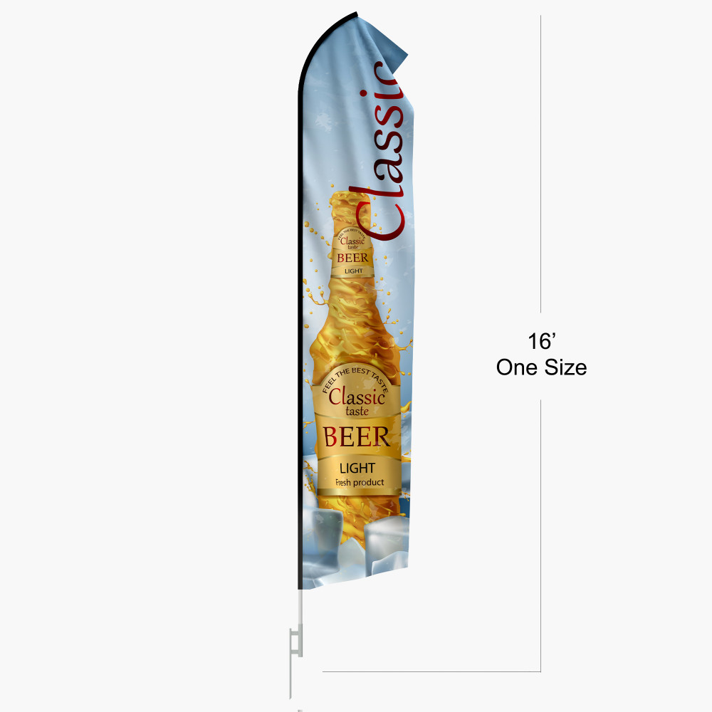 Stock message feather flag shown with its pole and base