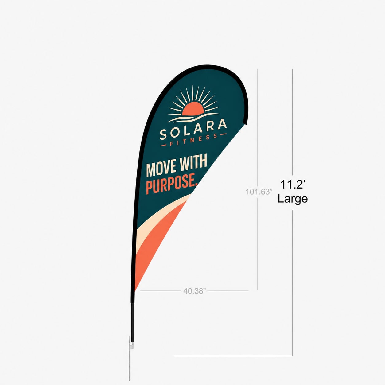 Large Solara Fitness teardrop flag with size dimensions