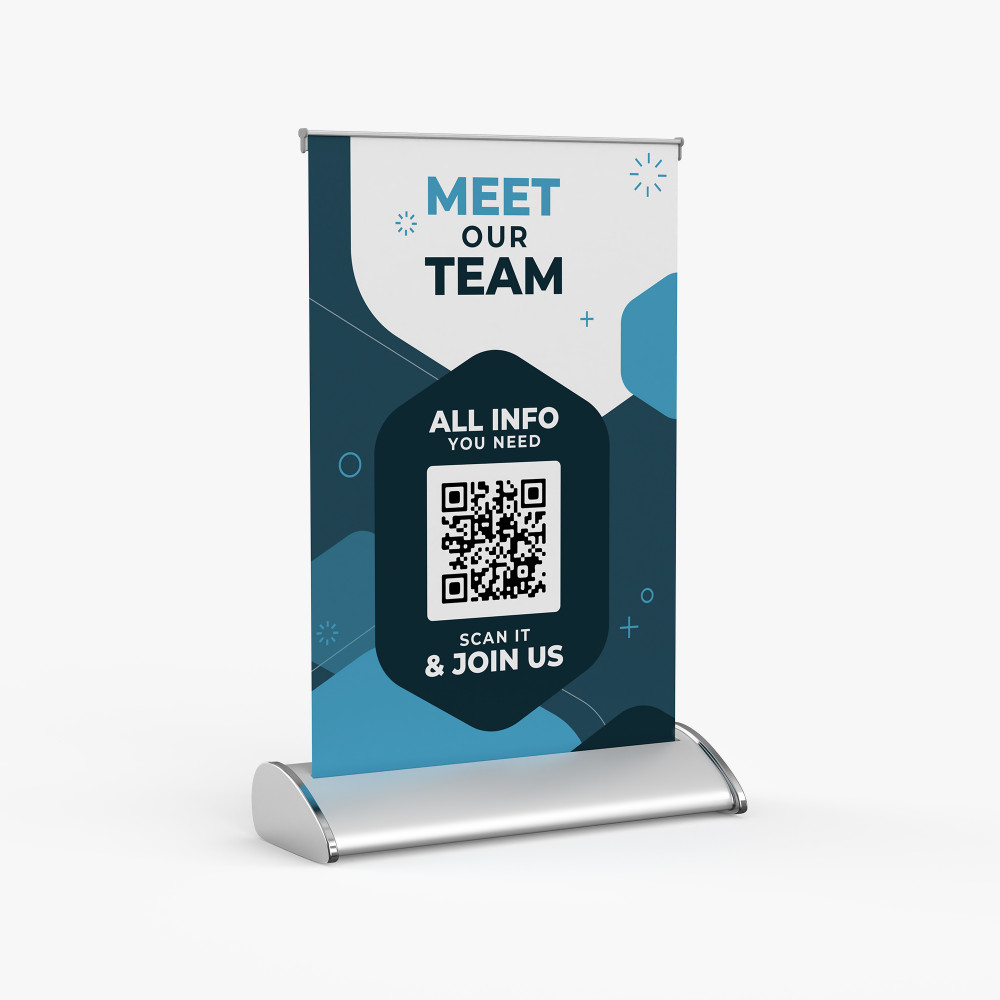 Table top retractable banner stand with a full-color graphic