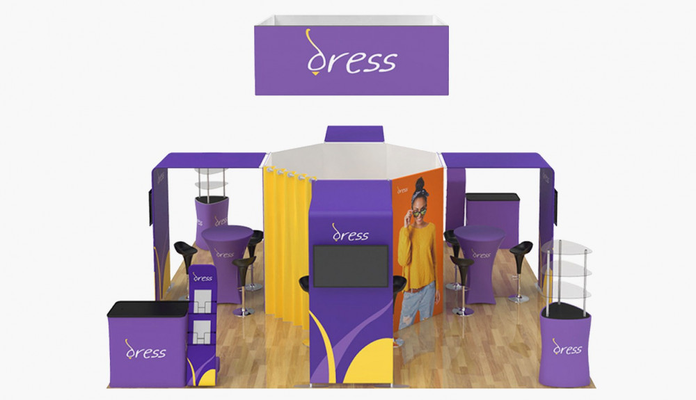 20 by 20 foot island trade-show booth shown as a complete exhibit