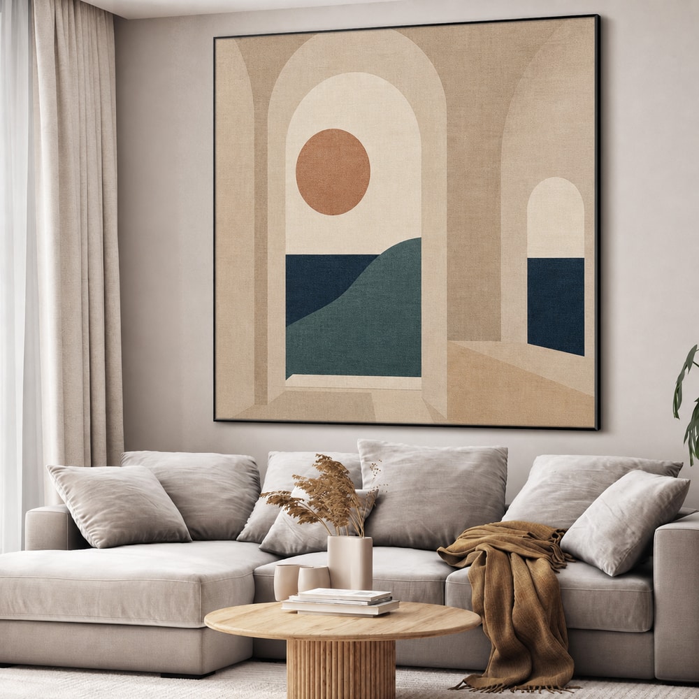 Modern coastal geometry artwork installed in a black Wall-Mount SEG frame
